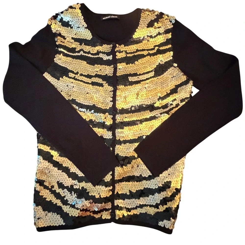 MICHAEL SIMON Sequin Animal Print Cardigan Sweater PS